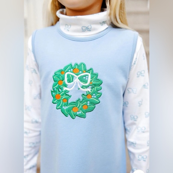 The Beaufort Bonnet Co Annie Apron Shift Dress Blue Wreath Pearl Bow 12 NWT - Picture 3 of 8